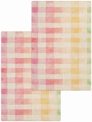 Purple Pink Plaid Waffle Kitchen Hand Towels Set of 2
