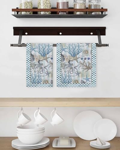 Coastal Octopus Waffle Kitchen Hand Towels Blue 2-Pack