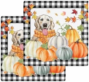 Quick Dry Thanksgiving Pumpkin Waffle Towels 2x12x12 Black Plaid Autumn maple