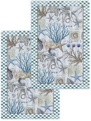 Coastal Octopus Waffle Kitchen Hand Towels Blue 2-Pack