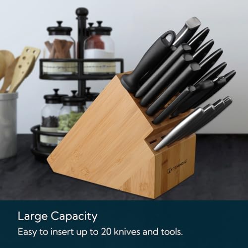 KITCHENDAO deluxe 20 slot bamboo knife holder wnon-slip feet
