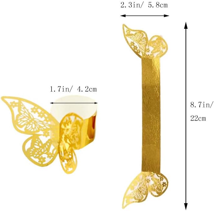 Lavandi 100PCS 3D Gold Butterfly Napkin Rings Elegant Party Napkins 45x13