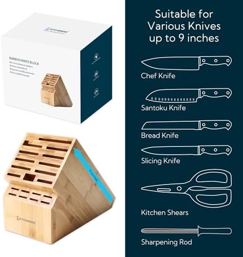 KITCHENDAO deluxe 20 slot bamboo knife holder wnon-slip feet