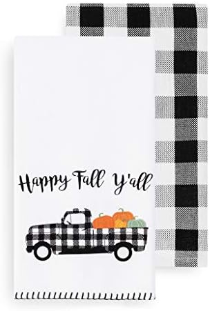 Happy Fall Farmhouse Kitchen Towels 18x28 BlackWhite