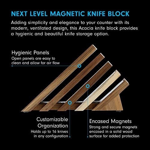 Messermeister Next Level Magnetic Knife Block Acacia Wood Panels - Holds 16 Knives