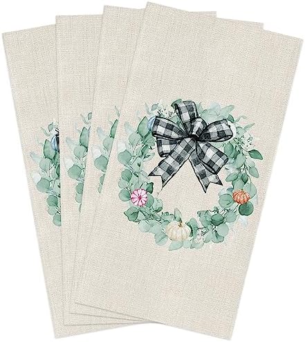 ZOE GARDEN Autumn Thanksgiving Kitchen Towels 4-PC Eucalyptus Leaves Pumpkin Checkered