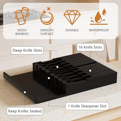 Domax Bamboo Knive Block Fit 16 Knives Plus Sharpener