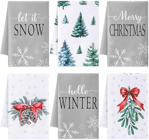 Macarrie 6 Pcs Christmas Kitchen Towels - Snowflakes Trees Mistletoe for Holiday Use