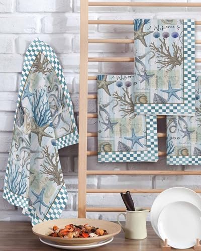 Coastal Octopus Waffle Kitchen Hand Towels Blue 2-Pack