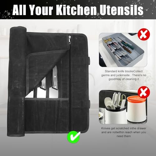 QEES Chef Knife Roll Bag 10 Slots 188 Waxed Canvas Case