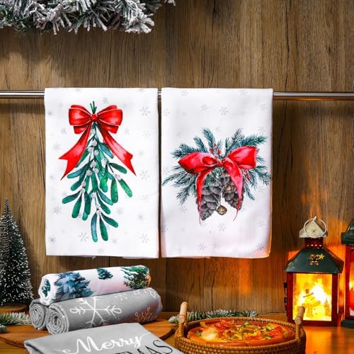 Macarrie 6 Pcs Christmas Kitchen Towels - Snowflakes Trees Mistletoe for Holiday Use