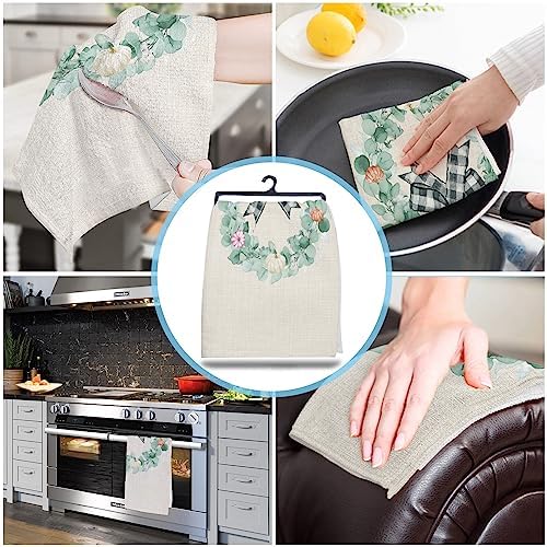 ZOE GARDEN Autumn Thanksgiving Kitchen Towels 4-PC Eucalyptus Leaves Pumpkin Checkered