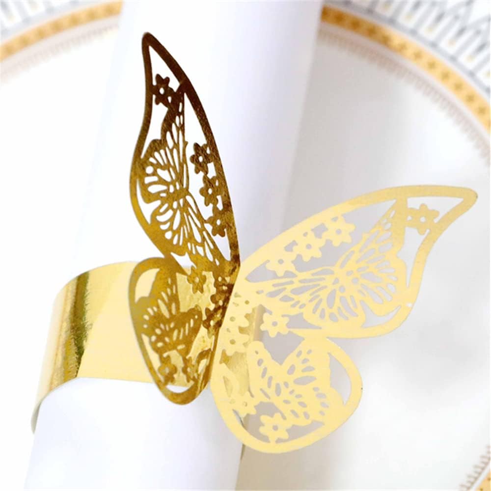 Lavandi 100PCS 3D Gold Butterfly Napkin Rings Elegant Party Napkins 45x13