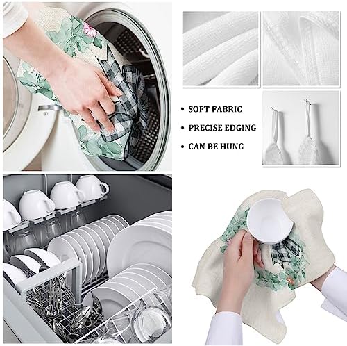 ZOE GARDEN Autumn Thanksgiving Kitchen Towels 4-PC Eucalyptus Leaves Pumpkin Checkered