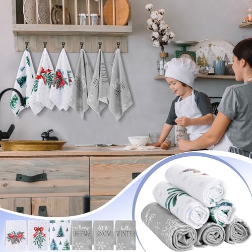 Macarrie 6 Pcs Christmas Kitchen Towels - Snowflakes Trees Mistletoe for Holiday Use