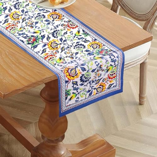 Fingercraft Cotton Linen Table Runner Natural Blue Floral