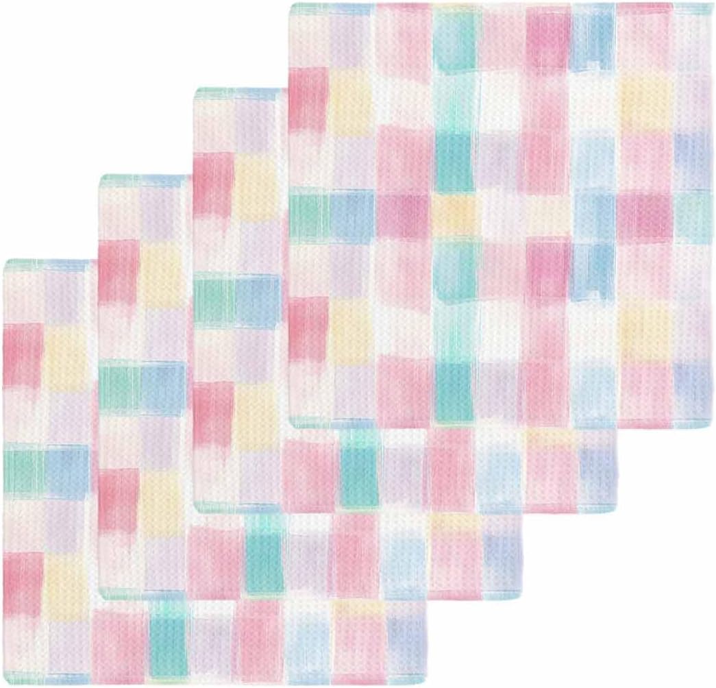 Punk Blue Check Waffle Kitchen Dish Towels Set of 4 Super Absorbent