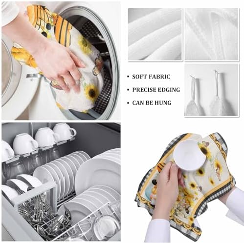 ZOE GARDEN Sunflower Eucalyptus Buffalo Plaid Kitchen Towels 4-PC 18x28
