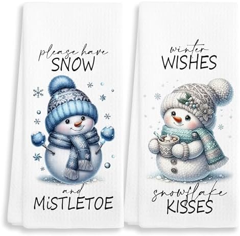 Winter Kitchen Towels Set Unique Snow Mistletoe Design