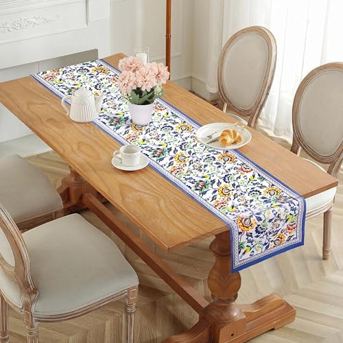 Fingercraft Cotton Linen Table Runner Natural Blue Floral