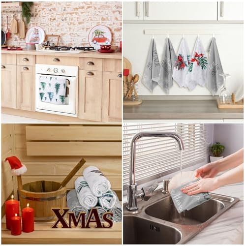 Macarrie 6 Pcs Christmas Kitchen Towels - Snowflakes Trees Mistletoe for Holiday Use