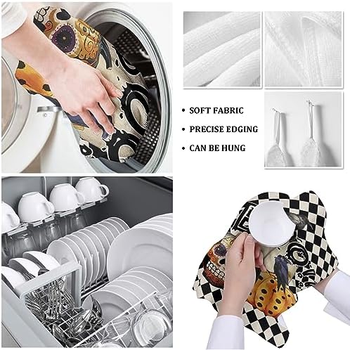 ZOE GARDEN Halloween Kitchen Towel Set Black Boho Skull Ghost Pumpkin Checkered