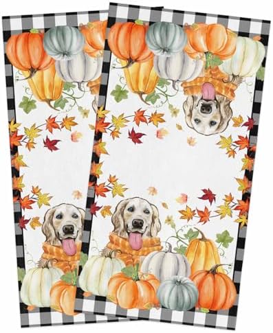 Thanksgiving Pumpkin Dog Kitchen Towels Black Plaid Autumn Maple Leaf