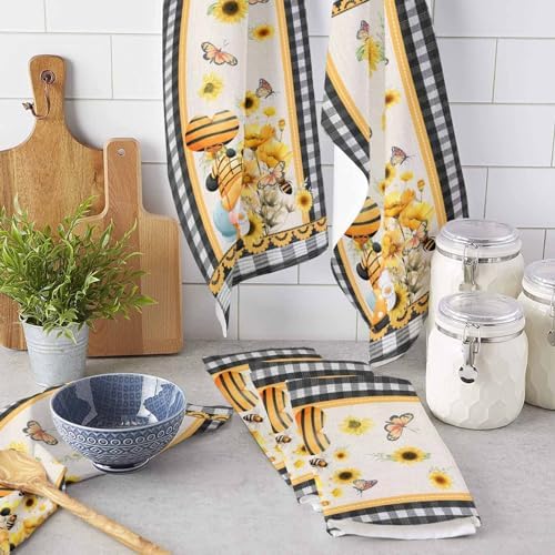 ZOE GARDEN Sunflower Eucalyptus Buffalo Plaid Kitchen Towels 4-PC 18x28