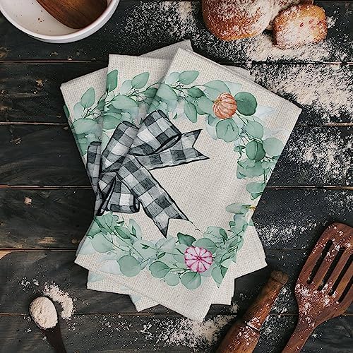 ZOE GARDEN Autumn Thanksgiving Kitchen Towels 4-PC Eucalyptus Leaves Pumpkin Checkered