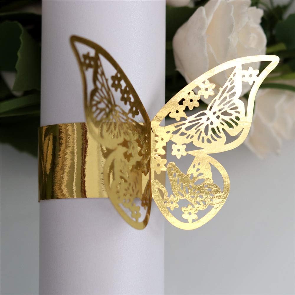 Lavandi 100PCS 3D Gold Butterfly Napkin Rings Elegant Party Napkins 45x13