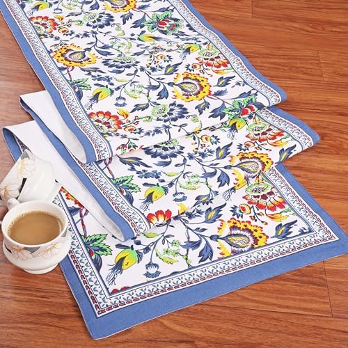 Fingercraft Cotton Linen Table Runner Natural Blue Floral