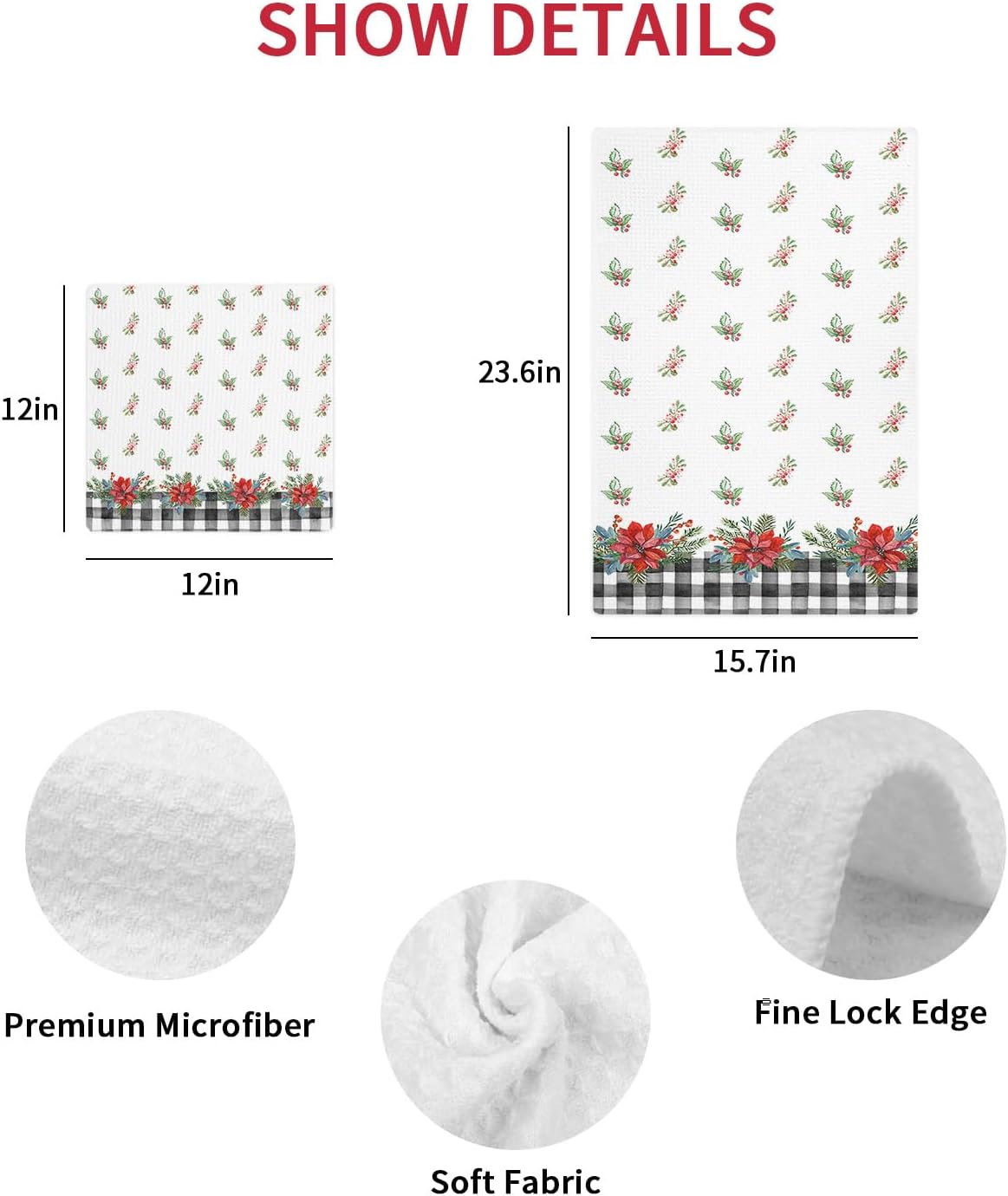 12x12 Waffle Plaid Christmas Kitchen Towels Microfiber Dish Towels