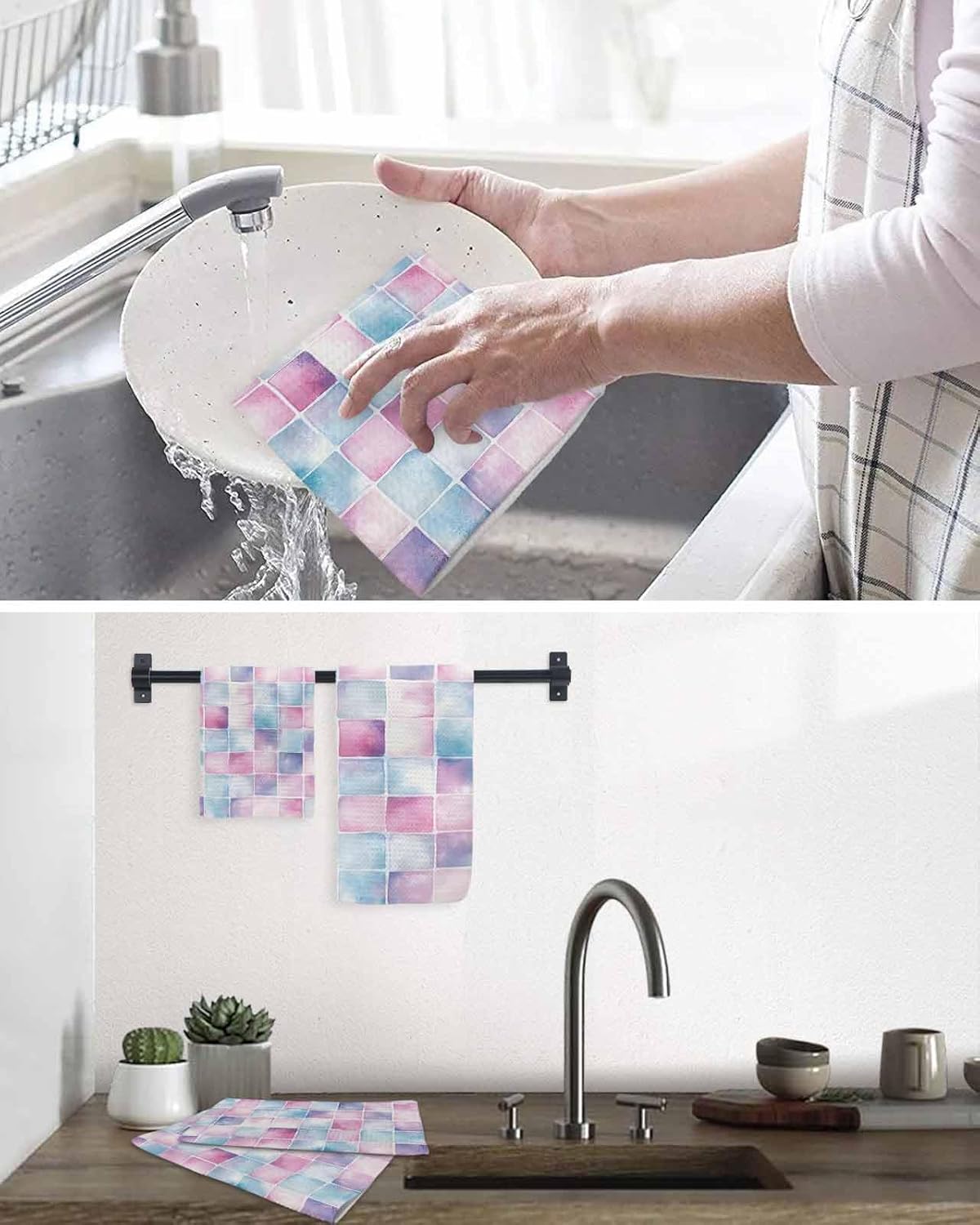 Falaniique Pink Blue Plaid Waffle Dish Towels