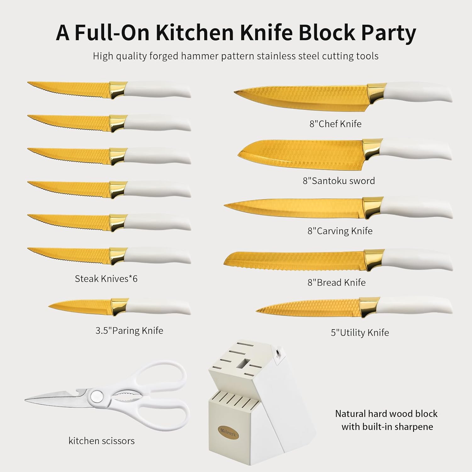 Molrmyk 14Pcs Knife Set with Wood Block and Steak Knife