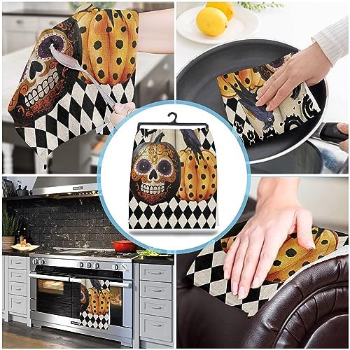 ZOE GARDEN Halloween Kitchen Towel Set Black Boho Skull Ghost Pumpkin Checkered