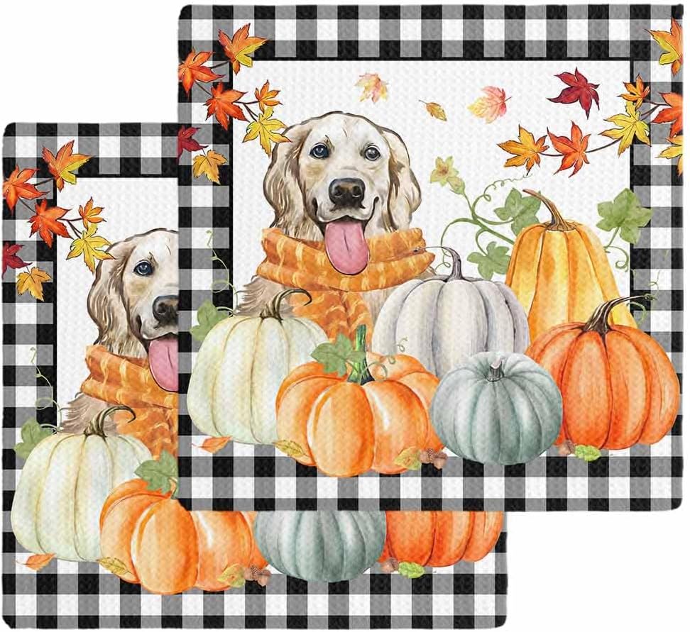 Quick Dry Thanksgiving Pumpkin Waffle Towels 2x12x12 Black Plaid Autumn maple