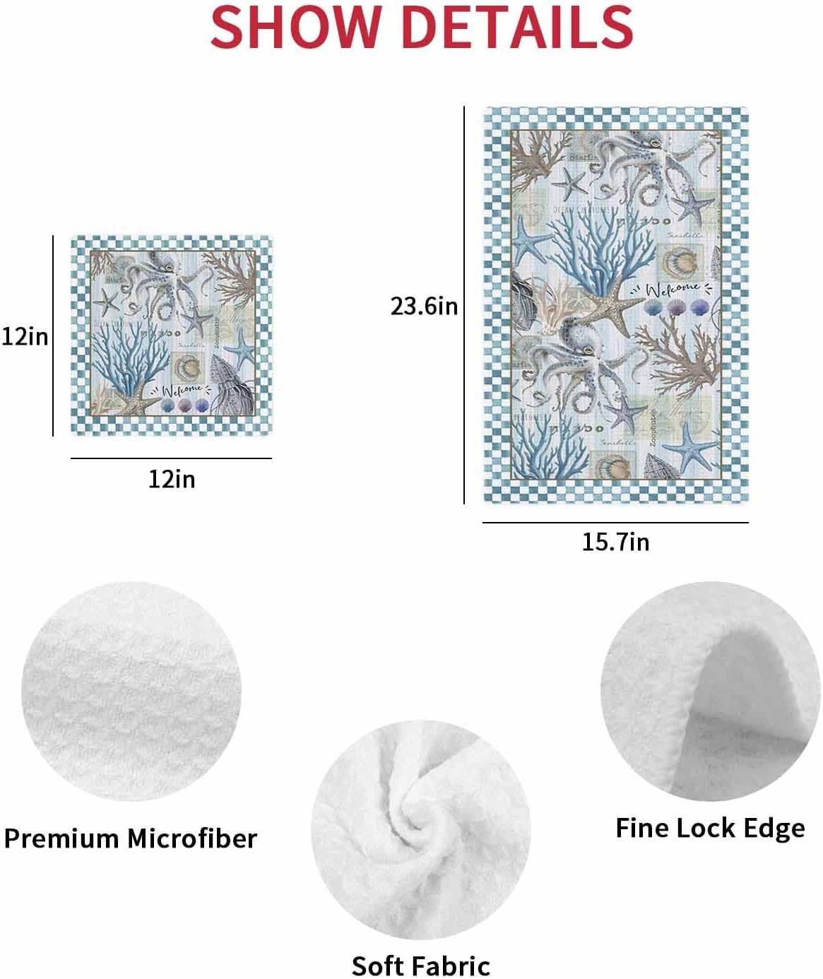 Coastal Octopus Waffle Kitchen Hand Towels Blue 2-Pack