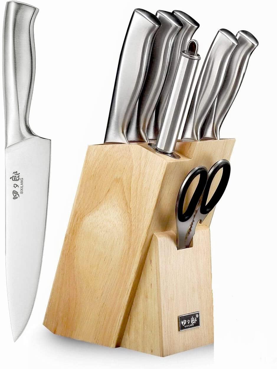 SIXILANG 8-Piece German Stainless Steel Knife Set with Oak Wooden Block