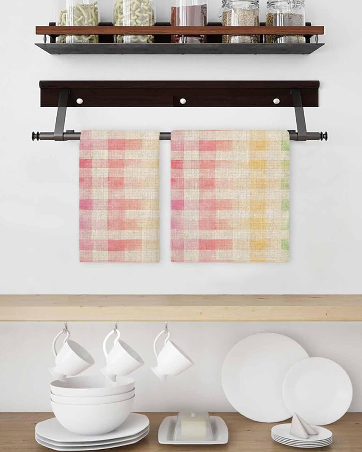 Purple Pink Plaid Waffle Kitchen Hand Towels Set of 2
