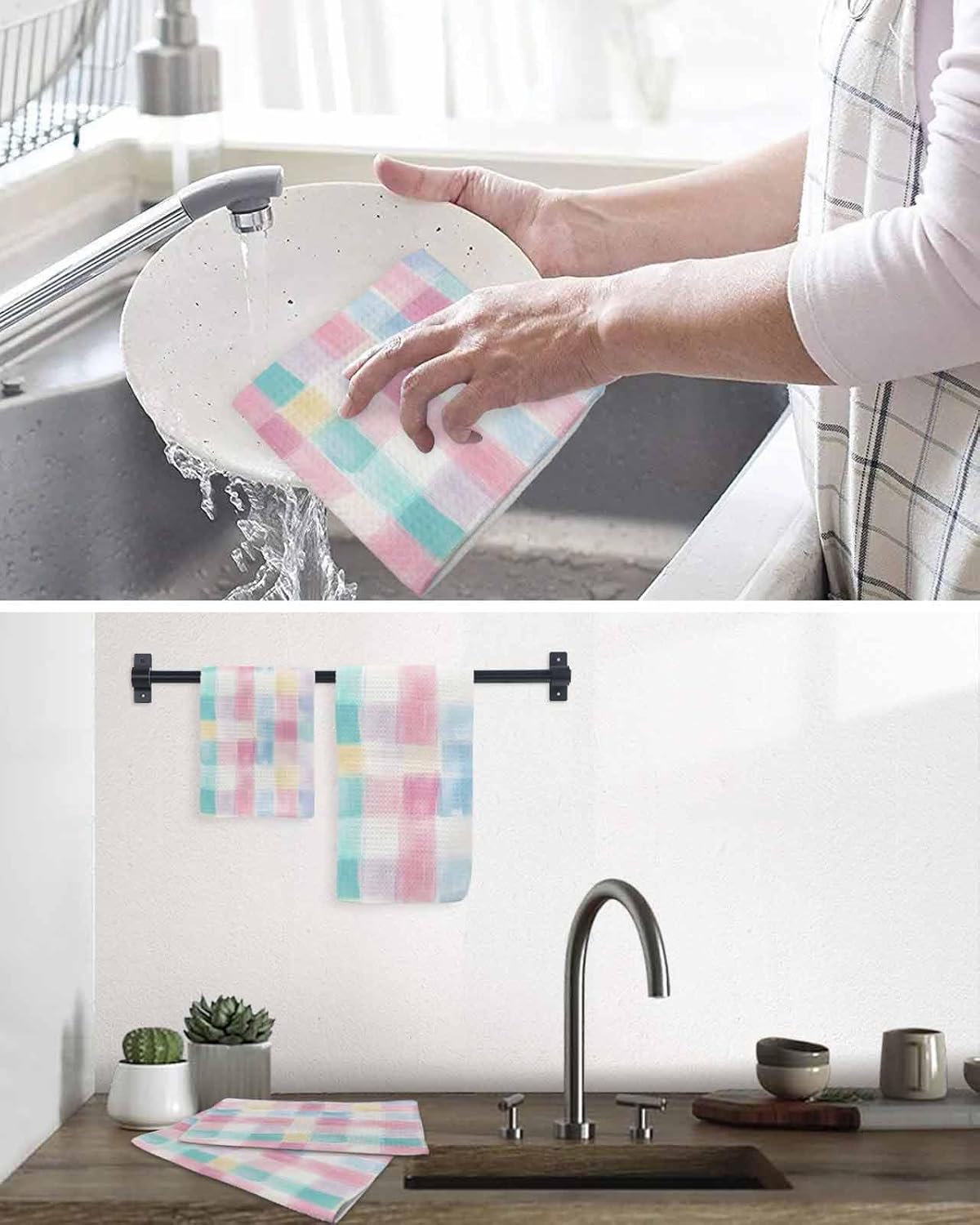 Punk Blue Check Waffle Kitchen Dish Towels Set of 4 Super Absorbent