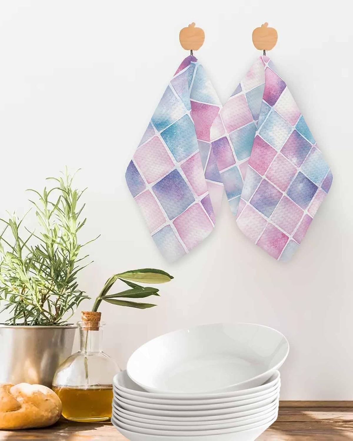 Falaniique Pink Blue Plaid Waffle Dish Towels