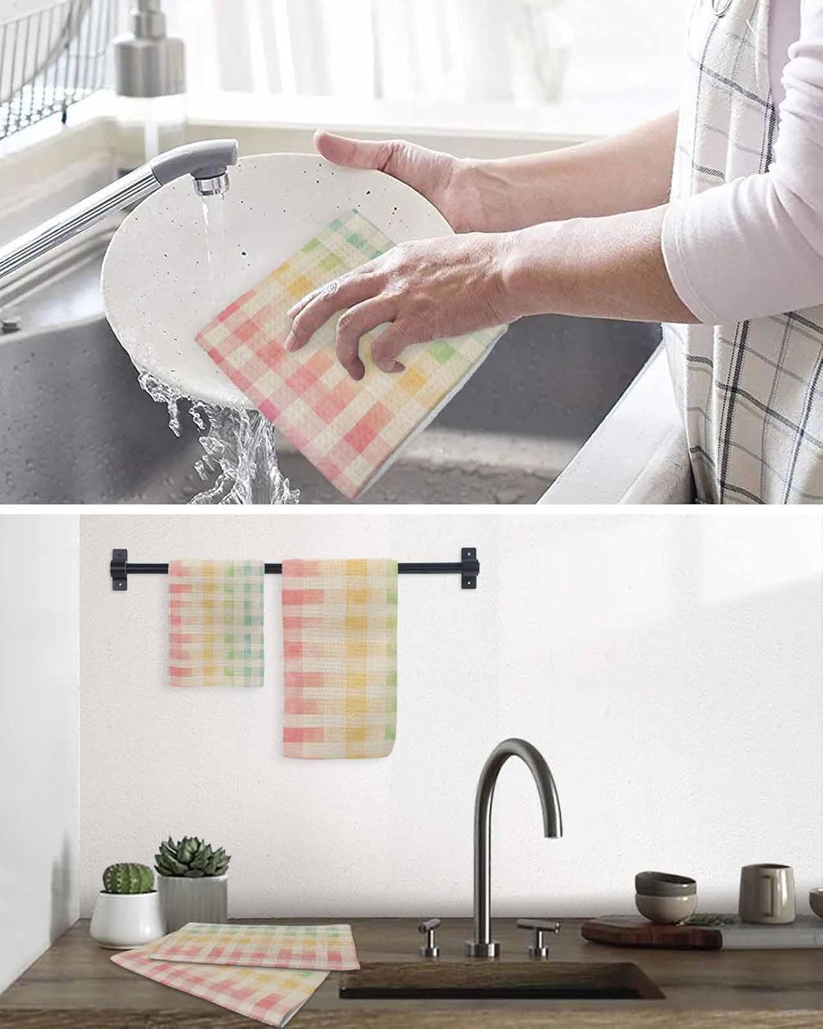 Purple Pink Plaid Waffle Kitchen Hand Towels Set of 2