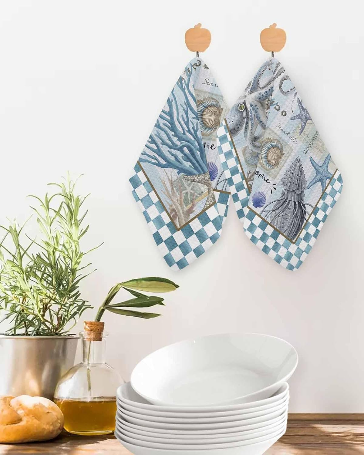 Habtucy Waffle Dish Towel Set 4PCS Checker Blue
