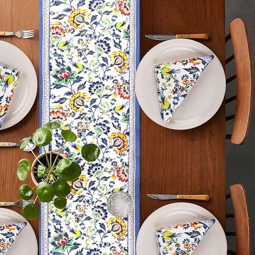 Fingercraft Cotton Linen Table Runner Natural Blue Floral