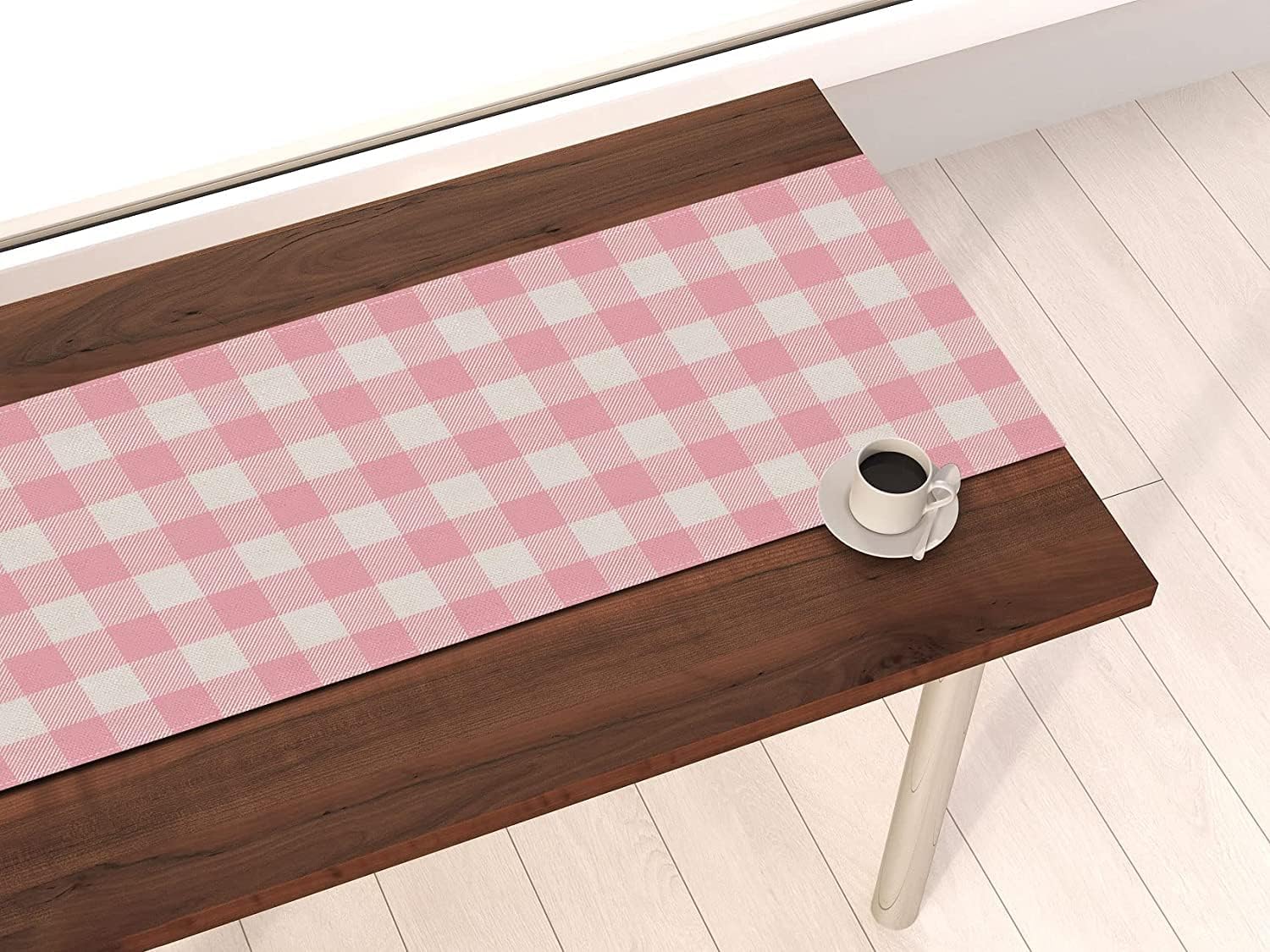 Nepnuser Gingham Table Runner - Rustic Pink White Check Plaid