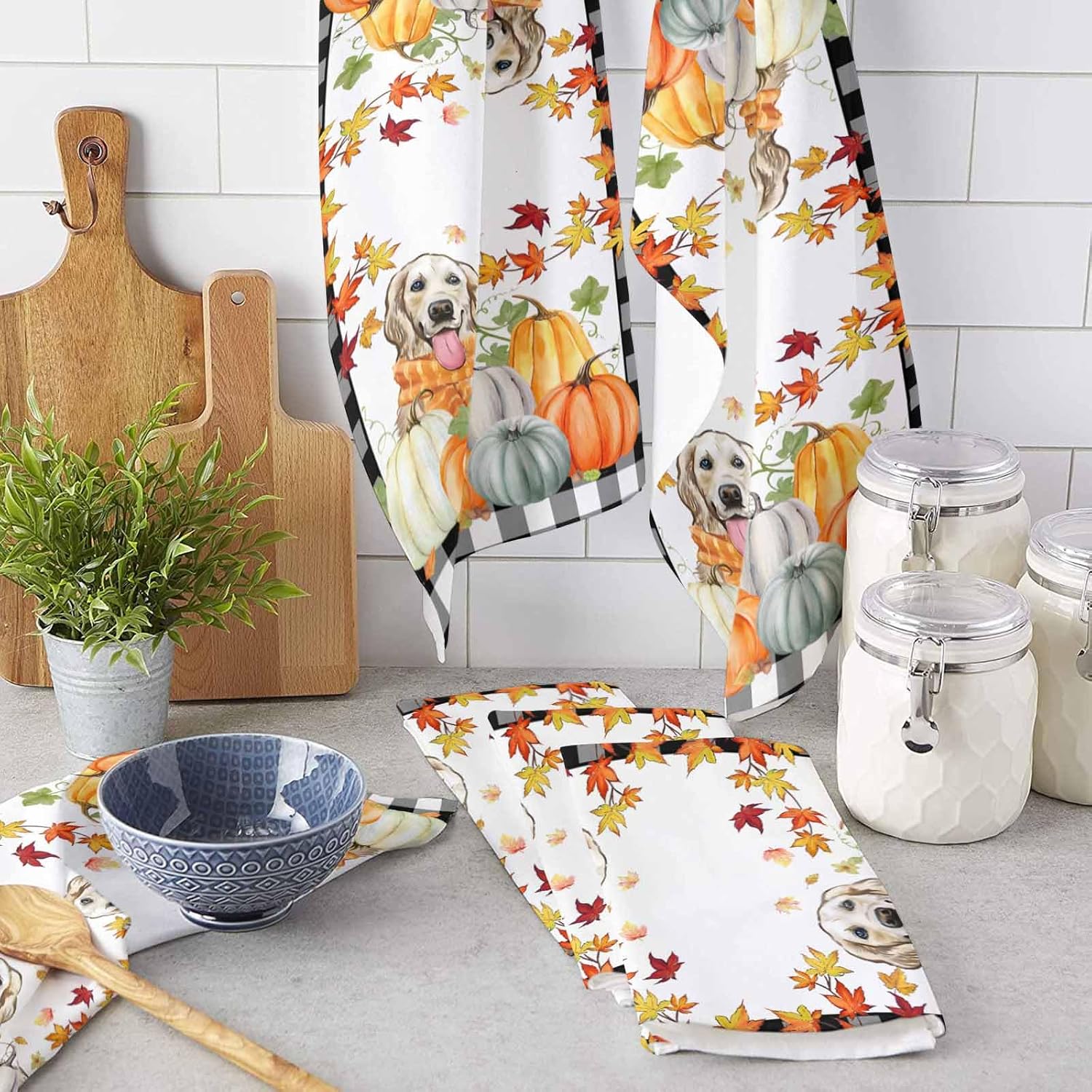 Thanksgiving Pumpkin Dog Kitchen Towels Black Plaid Autumn Maple Leaf