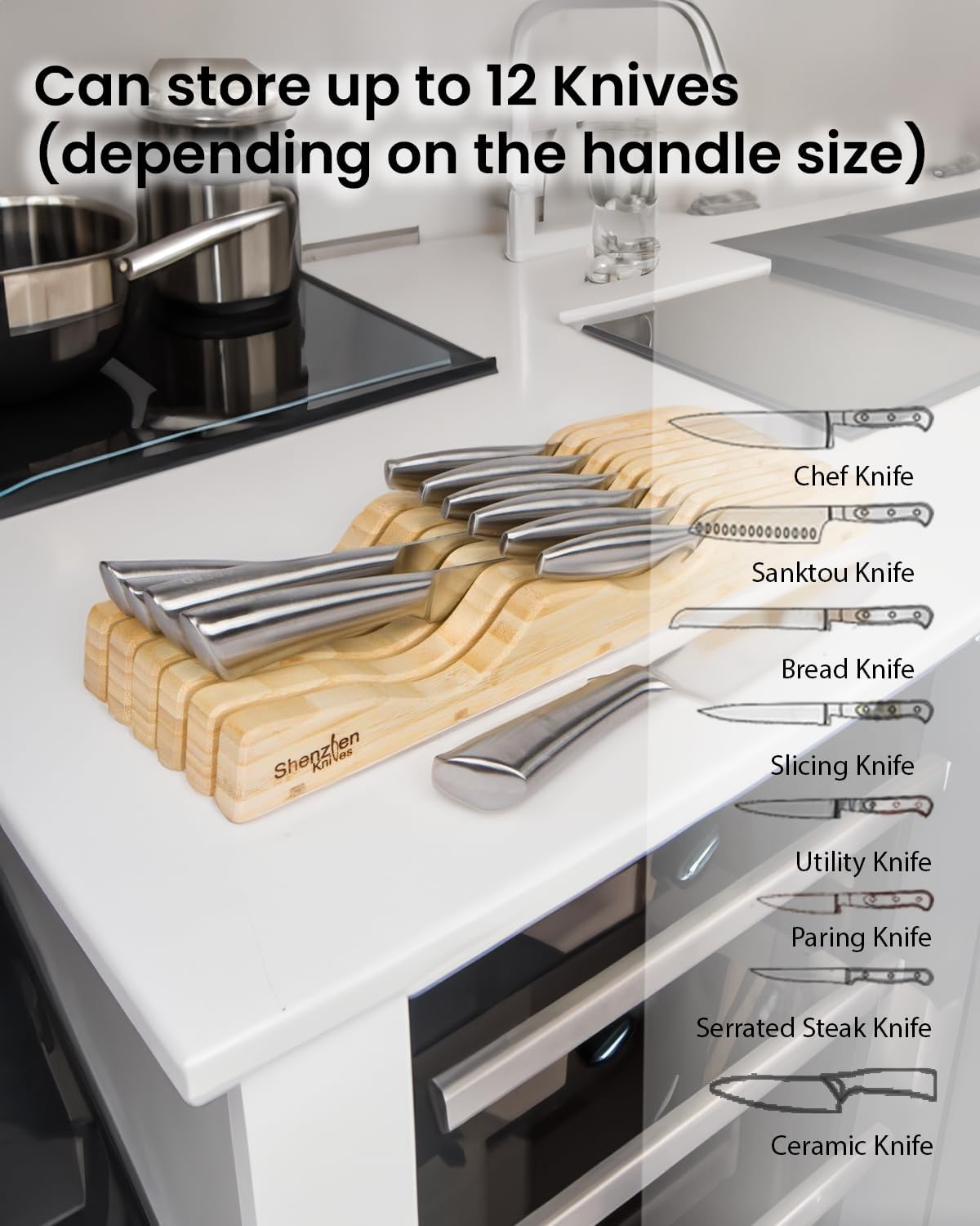 Sturdy Large In-Drawer Bamboo Knife Block with 11 Slots