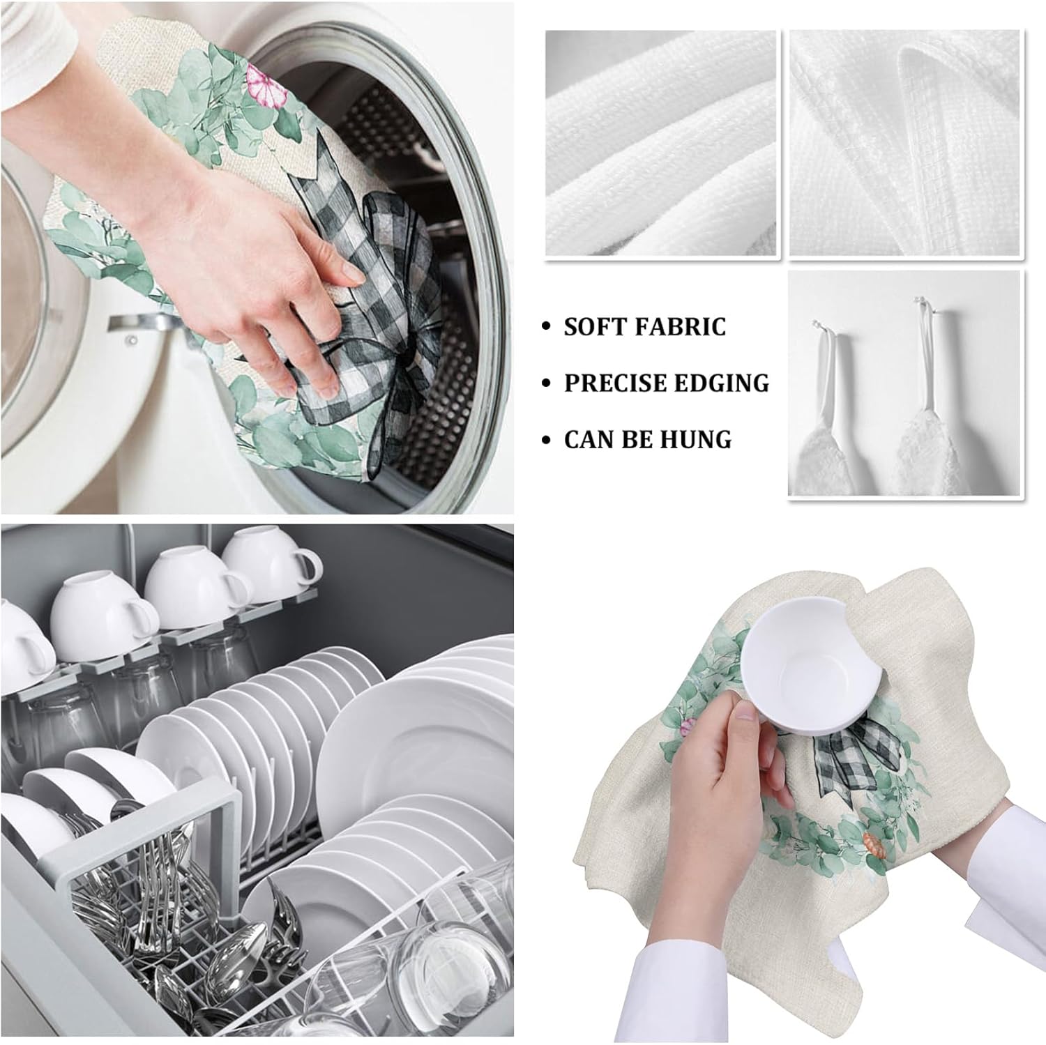 ZOE GARDEN Autumn Thanksgiving Kitchen Towels 4-PC Eucalyptus Leaves Pumpkin Checkered