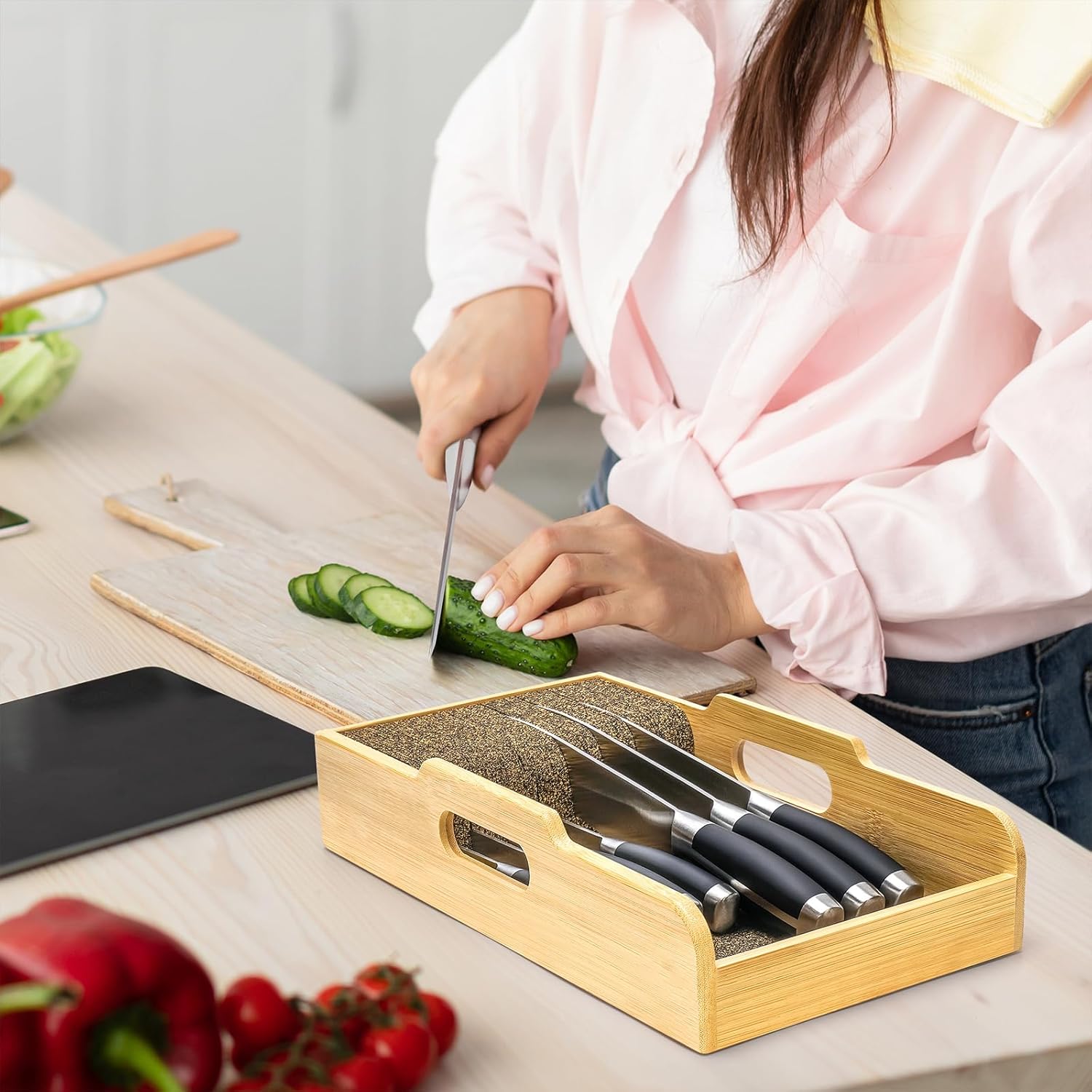 Mospten Bamboo Knife Organizer -Drawer Insert for Kitchen Storage