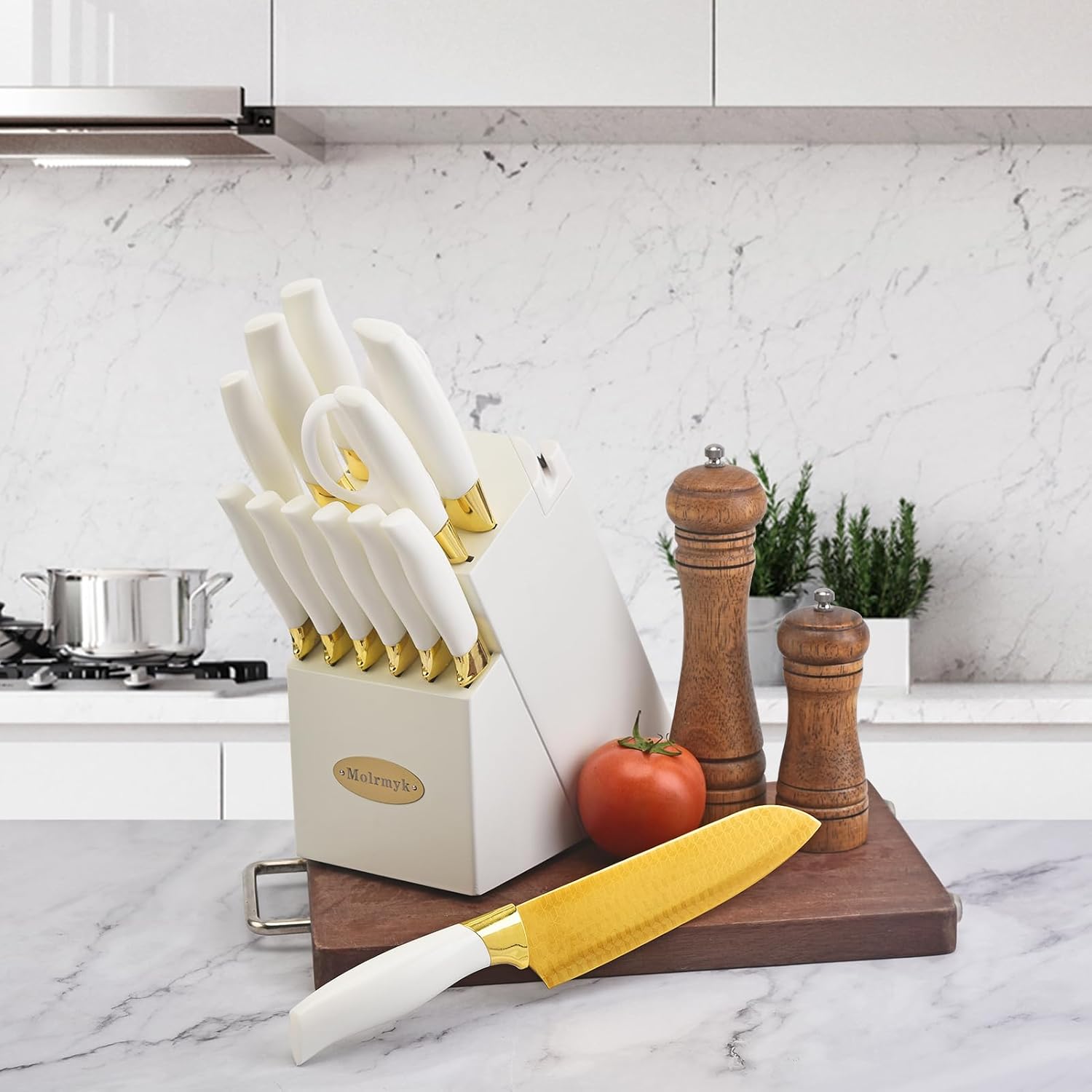 Molrmyk 14Pcs Knife Set with Wood Block and Steak Knife